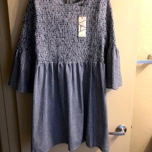 Basmati dress NEW gingham navy & white with bell long sleeves